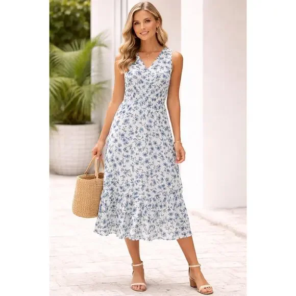 J. Crew printed Cotton tie-front midi dress white and blue floral pattern Size 6 - Picture 1 of 13